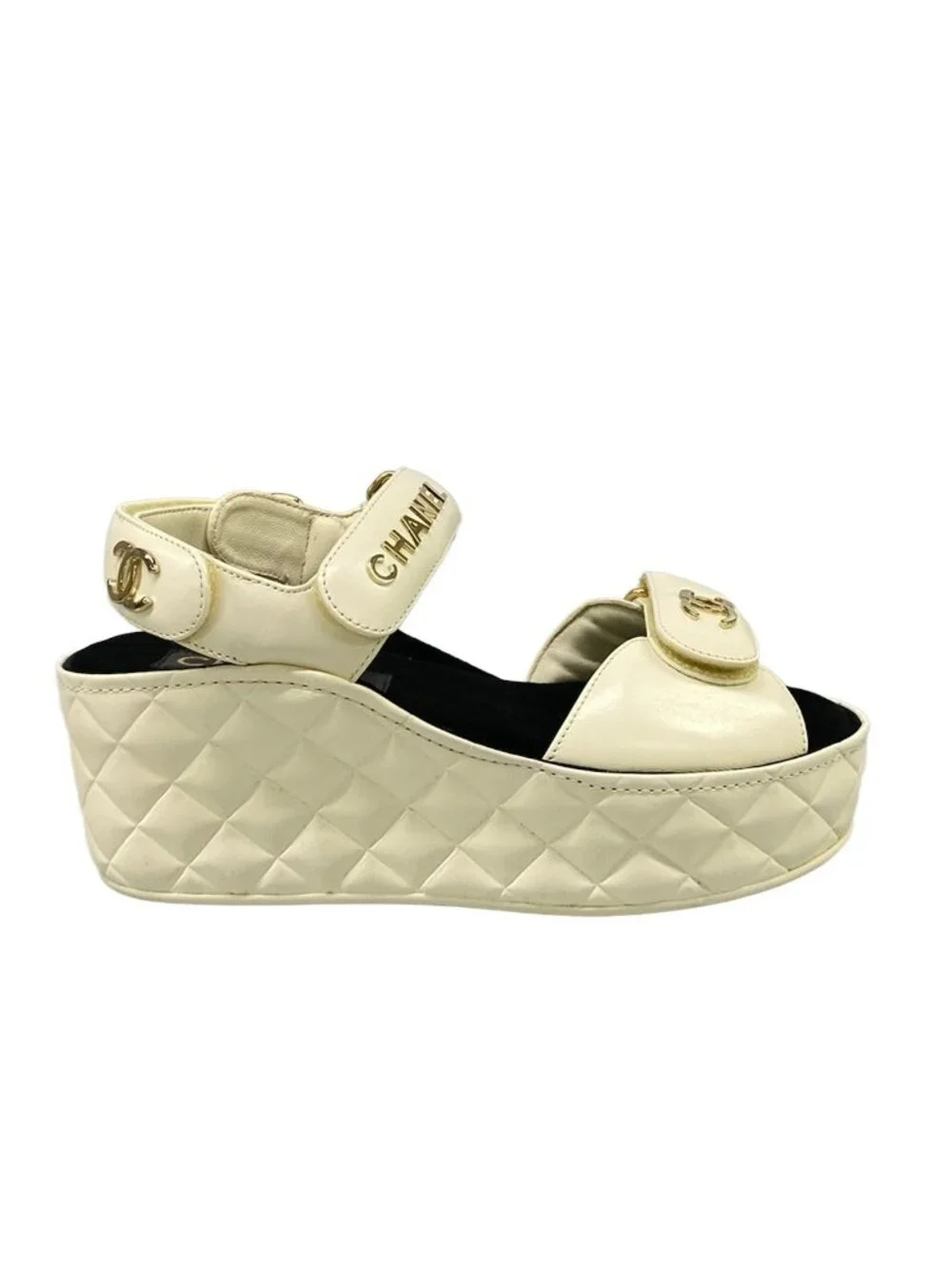 Chanel Sandals 35 C Ivory CC Logo Wedge Sole